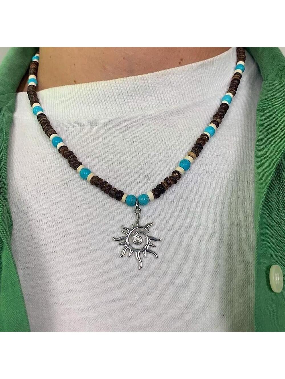 Y2k 2000s style Wood Beaded dark brown and blue mixed wood Necklace with Cyber - Picture 3 of 8